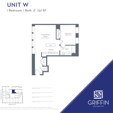 Floor plan for 1 bed, 1 bath, 737 sqft